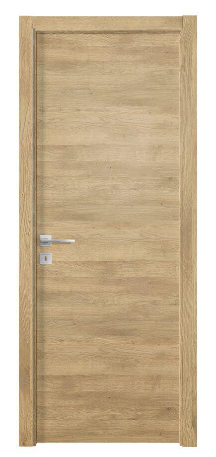 Bloc porte BERING âme pleine mélaminé acoustique 26 dB Chêne Naturel M25 204x83cm poussant droit huisserie FDC 72/100 mm en MDF à bord droit avec joint serrure magnétique à cylindre axe à 50 mm Poignée Axel Finition Inox emballé