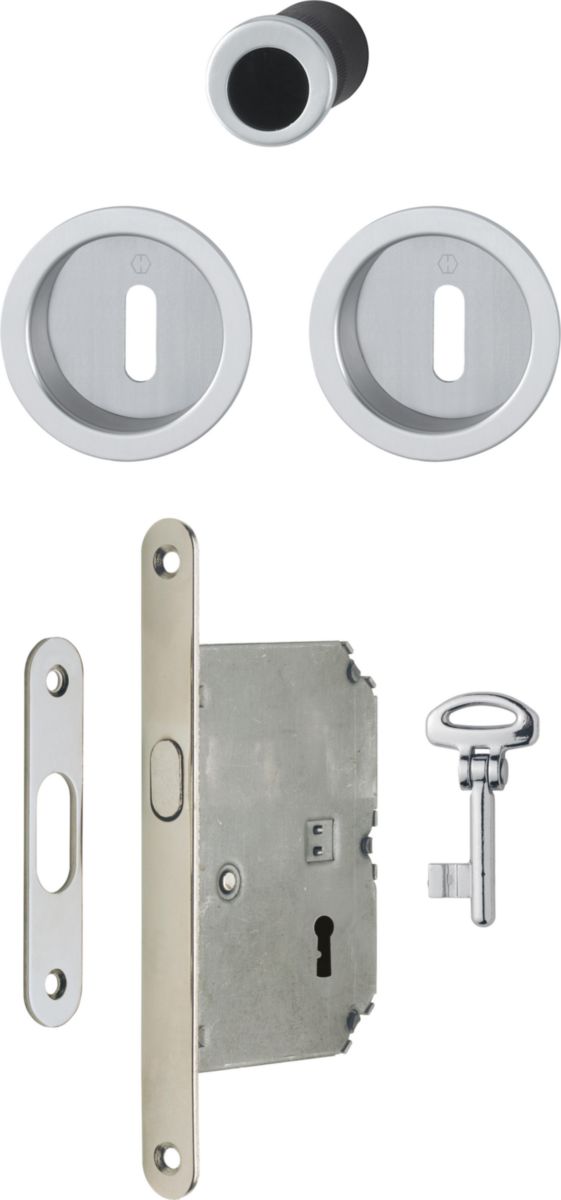 4920 - Set pour porte coulissante Kit3 F94-1 aluminium aspect chromé mat clé L 50 mm avec gâche 33-40 mm Clé rabattable longueur 47,5 mm HOPPE-Logo Réf.11803514