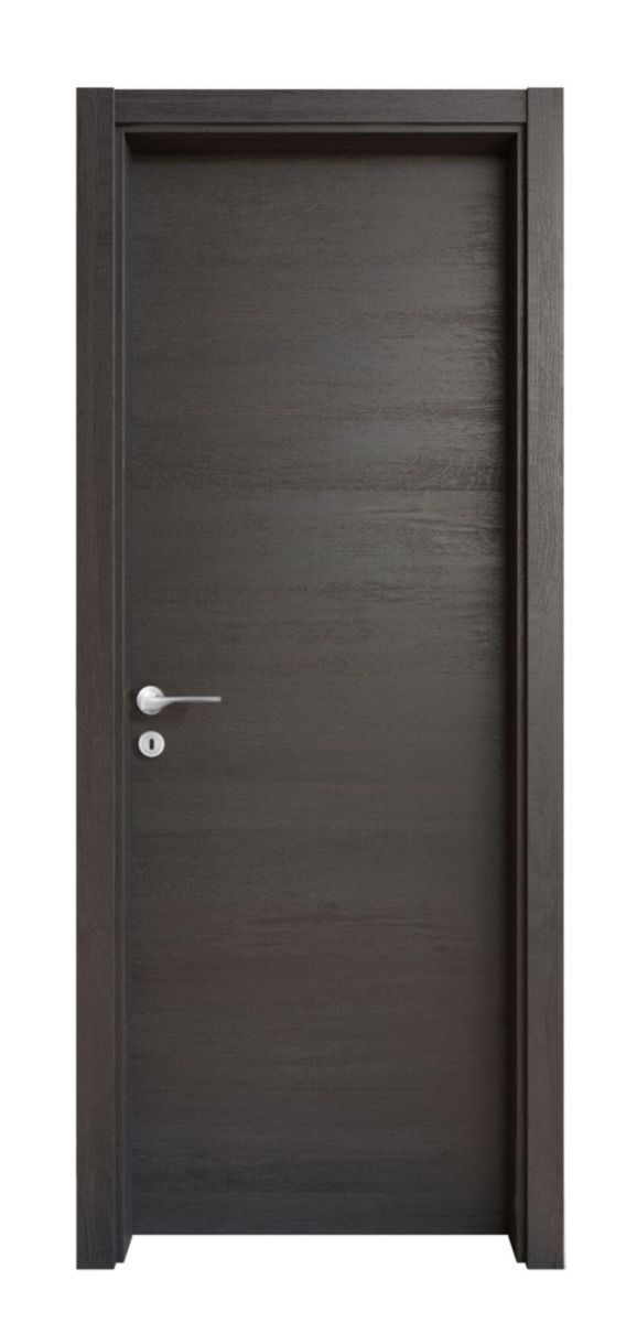 Bloc porte BERING âme pleine mélaminé acoustique 26 dB Gris Anthracite M23 204x93cm poussant gauche huisserie FDC 72/100 mm en MDF à bord droit avec joint Serrure magnétique à clé axe à 50 mm Poignée Axel Finition Inox emballé