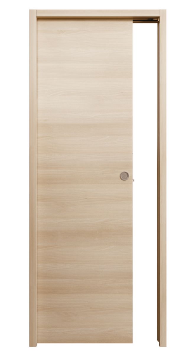 Porte seule BERING âme pleine isophonique 28 dB(a) mélaminée bois clair usinage complet pour porte coulissante 204x73cm 40mm kit garniture ronde finition inox sans serrure - emballée