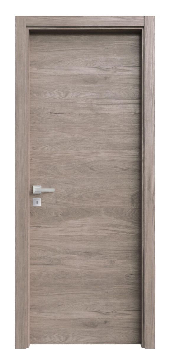 Bloc porte BERING âme pleine mélaminé acoustique 26 dB Gris Galet M22 204x73cm poussant droit huisserie FDC 72/100 mm en MDF à bord droit avec joint Serrure magnétique à condamnation axe à 50 mm Poignée Liam Finition Noir emballé