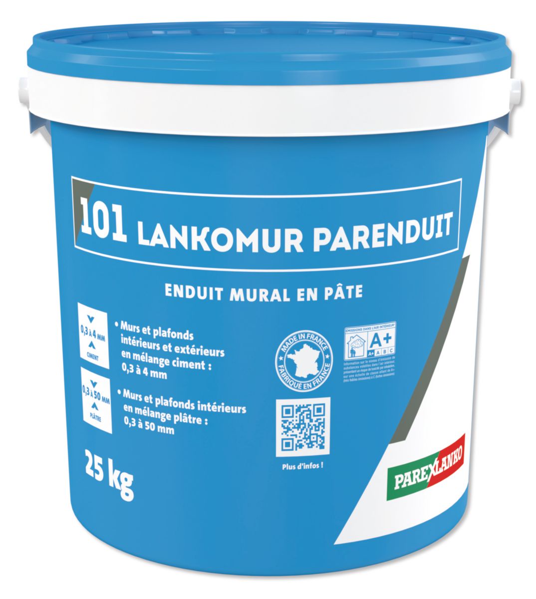 Enduit de ragréage mural 101 Lankomur Parenduit - ép. 0,3 à 4 mm - seau de 25 kg