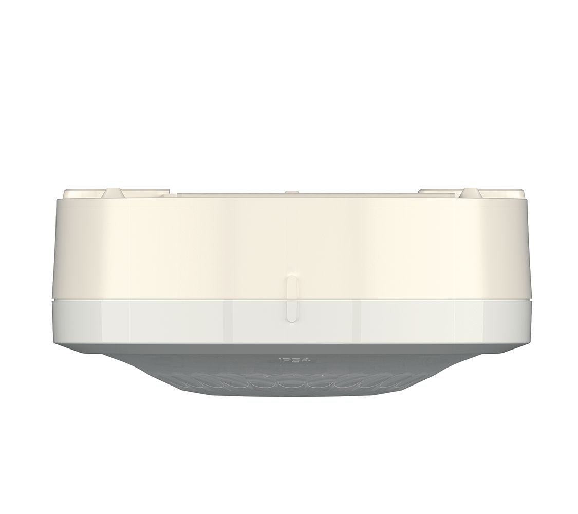 Détecteur de présence blanc 360°. IP 54. Contact renforcé 10 A. LED = max 400W. Montage en Fixation saillie plafond. Détection Diamètre 10 m à 2.5 m de haut. Réglage tempo 15 sec-30 min + impulsion. Réglage possible par télécommande. Réf. 1030062