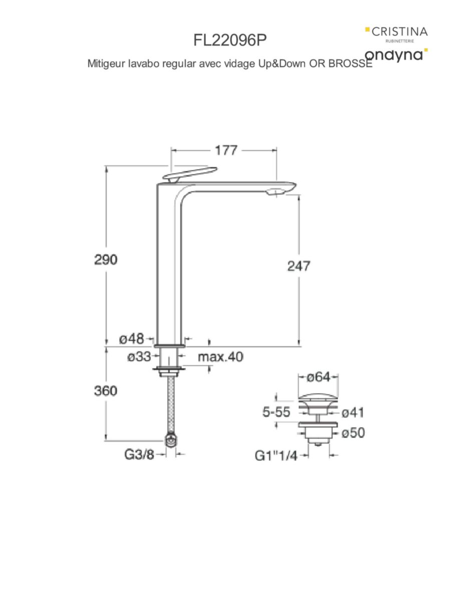 Mitigeur lavabo FOIL avec vidage Up&Down OR brossé Réf. FL22096P Réf. FL22096P