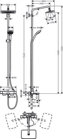 Colonne de douche Croma E Showerpipe 280 - 1 jet avec mitigeur baignoire thermostatique - chromé Réf. 27687000