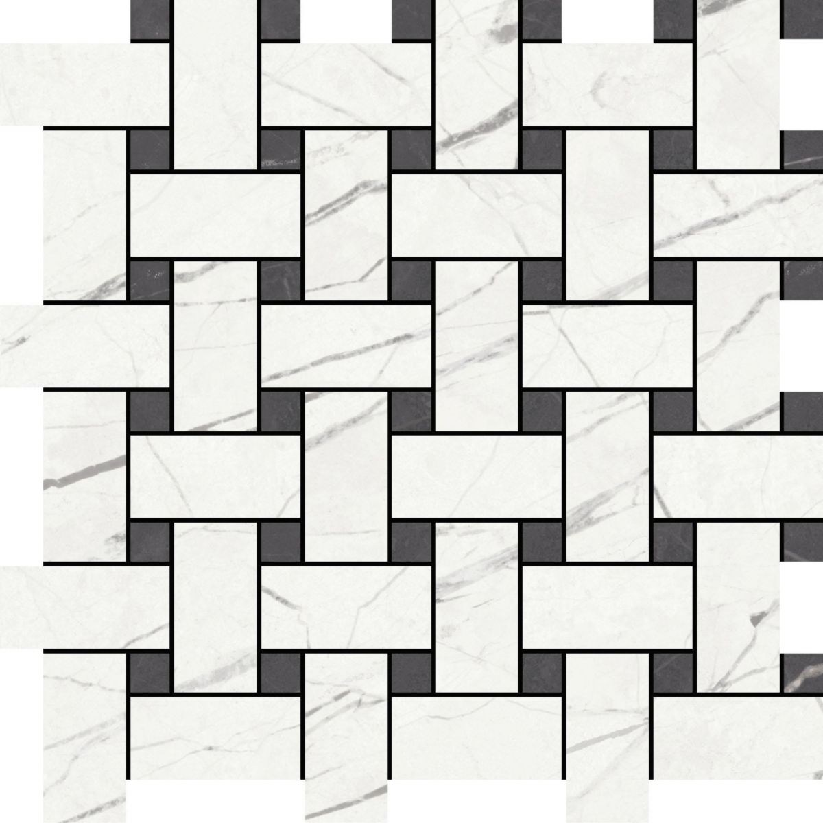 Faïence murale mosaïque Muse Basket - white/coal satin - trame 34x34 cm