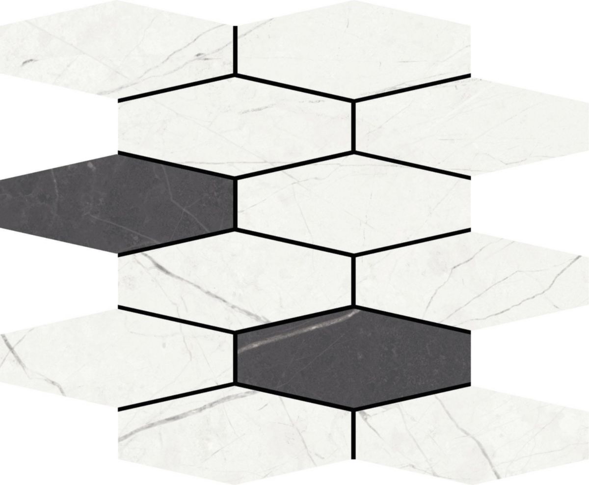 Faïence murale mosaïque hexagonale Muse Slim - white/coal satin - 28,1x34,1 cm