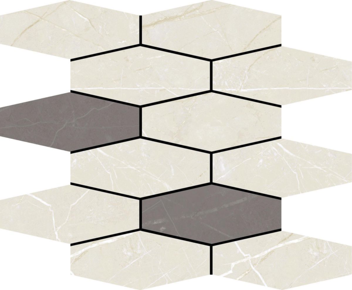 Faïence murale mosaïque hexagonale Muse Slim - ivory/grey satin - 28,1x34,1 cm