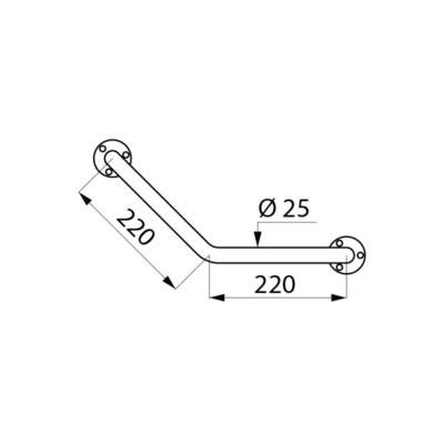 Barre de maintien coudée à 135, D 25, 220 x 220 mm, avec fixations visibles sur platines à 3 trous,inox poli brillant chromé réf. 550