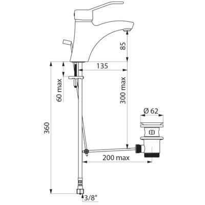 Mitigeur de lavabo à bec fixe H 85, commande par manette ajourée, avec vidage laiton 33 x 42 à tirette et cartouche standard réf. 2520