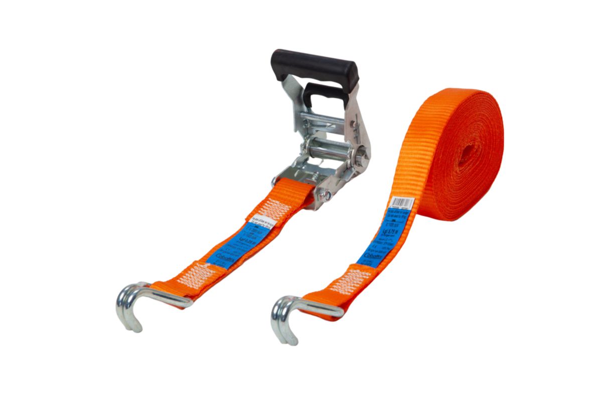 Sangle d'arrimage + cliquet - charge max. 2 t - polyester orange - 6 m x 35 mm