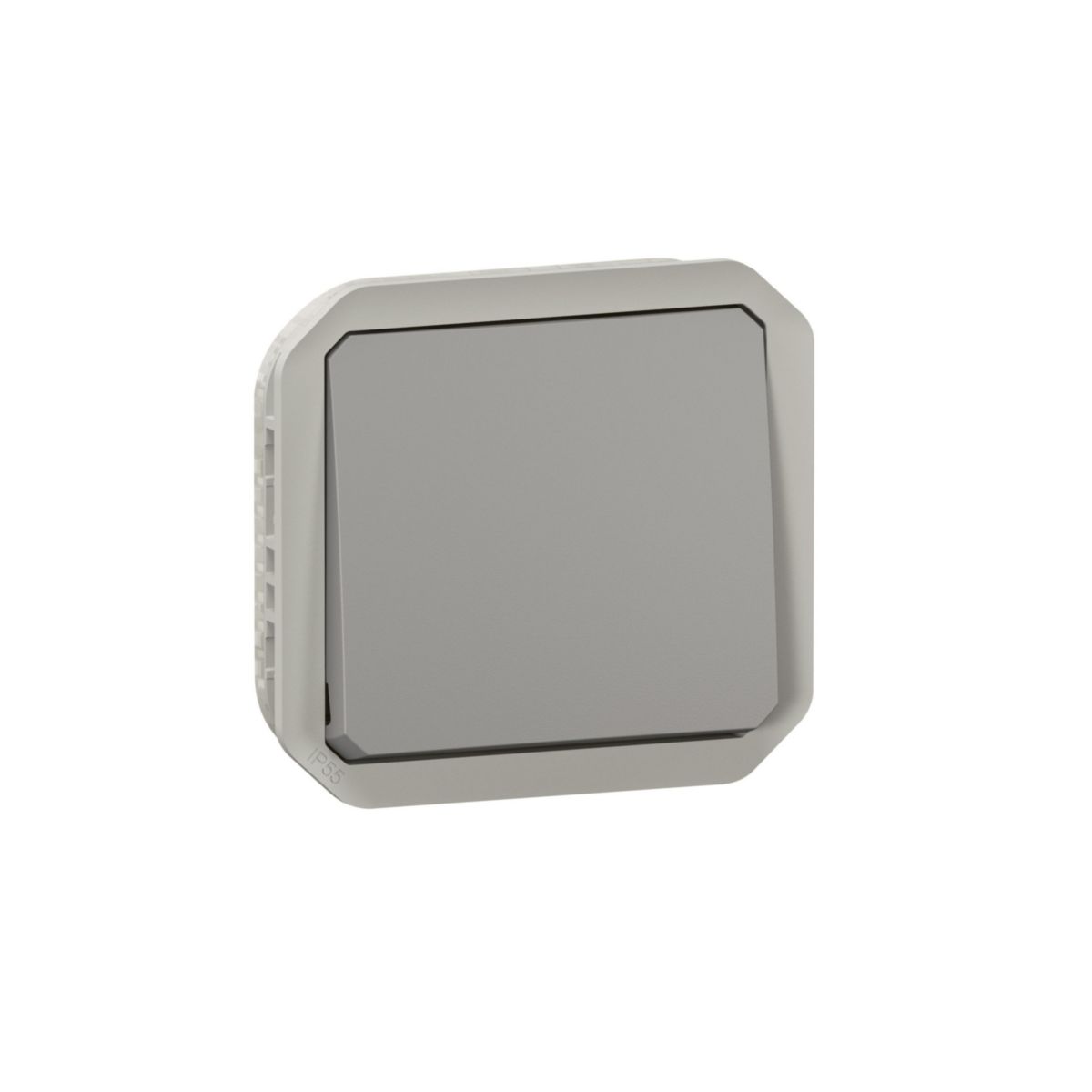 Interrupteur ou va-et-vient étanche Plexo 10 AX 250 V~ IP55 IK08 à équiper de support plaque ou boîtier saillie, livré avec enjoliveur finition gris Réf. 069511L