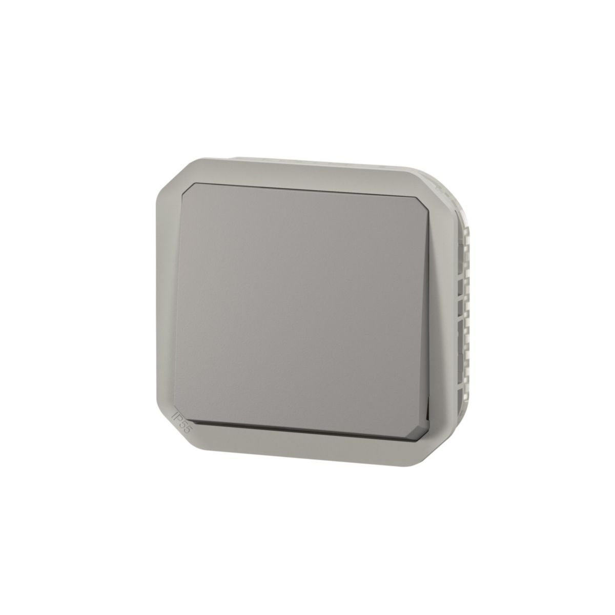 Poussoir inverseur NO-NF étanche Plexo 10 A IP55 IK08 à équiper de support plaque ou boîtier saillie, avec enjoliveur gris Réf. 069541L