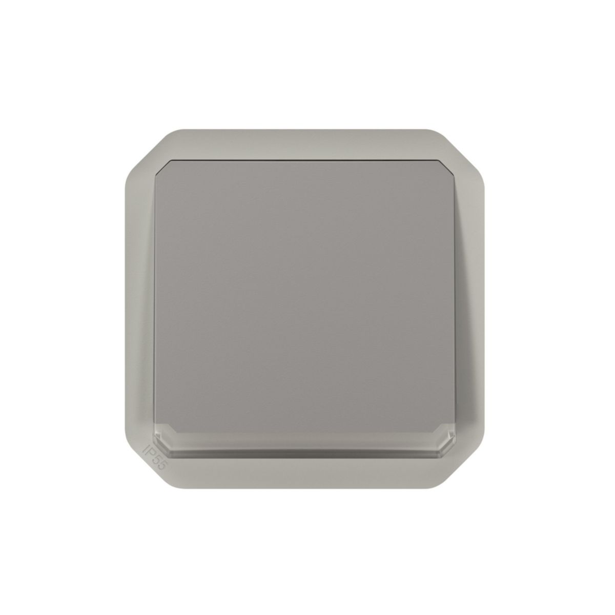 Poussoir NO lumineux étanche Plexo 10 A IP55 IK08 à équiper de support plaque ou boîtier saillie, livré avec voyant 230 V et enjoliveur gris Réf. 069542L