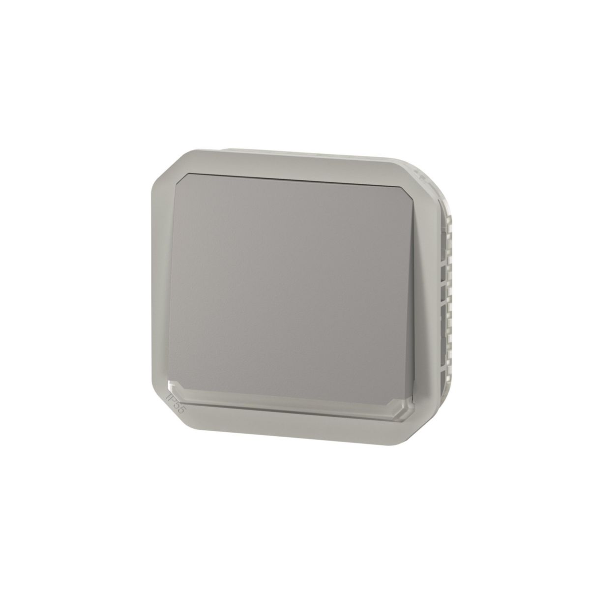 Poussoir NO lumineux étanche Plexo 10 A IP55 IK08 à équiper de support plaque ou boîtier saillie, livré avec voyant 230 V et enjoliveur gris Réf. 069542L