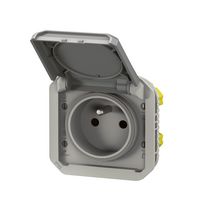 Prise de courant 2P+T étanche Plexo 16 A 250 V IP55 IK08 à équiper de support plaque ou boîtier saillie, avec enjoliveur gris Réf. 069551L