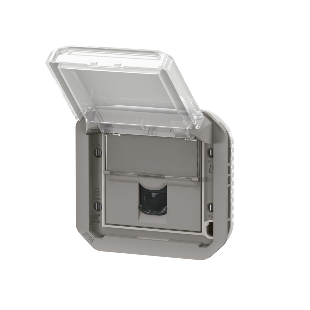 Prise informatique RJ45 catégorie 6A STP étanche à volet Plexo IP55 à équiper de support plaque ou boîtier saillie, avec enjoliveur gris Réf. 069559L