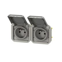 Double prise de courant précâblée 2x2P+T horizontale étanche Plexo - 16 A - 250 V - IP55 à équiper de support plaque ou boîtier saillie 2 postes, avec enjoliveurs gris Réf. 069562L