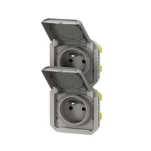 Double prise de courant précâblée 2x2P+T verticale étanche Plexo - 16 A - 250 V - IP55 à équiper de support plaque ou boîtier saillie 2 postes, avec enjoliveurs gris Réf. 069563L