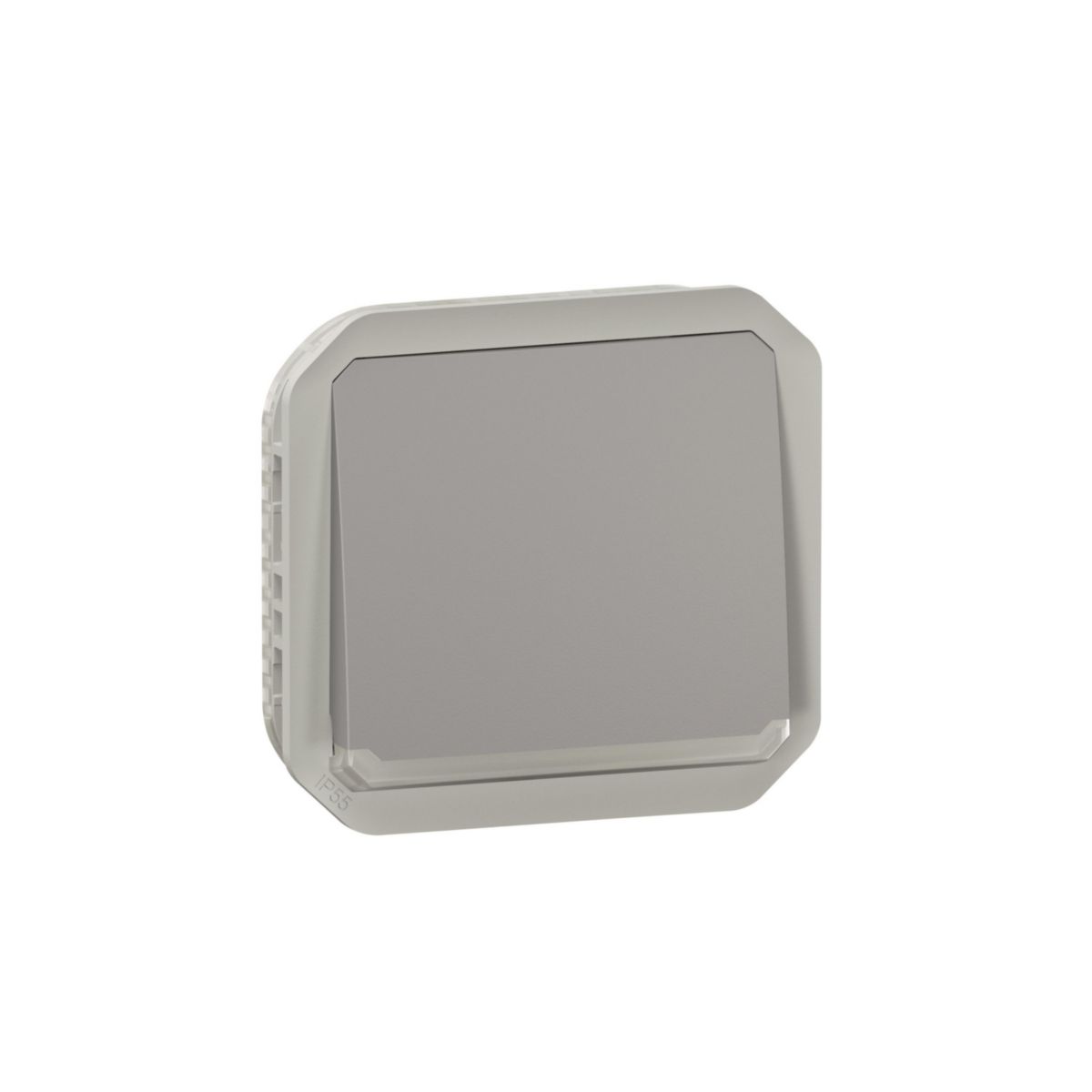 Poussoir NO lumineux étanche Plexo 10 A IP55 IK08 à équiper de support plaque ou boîtier saillie, livré avec voyant 230 V et enjoliveur gris Réf. 069542L