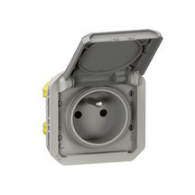 Prise de courant 2P+T étanche Plexo 16 A 250 V IP55 IK08 à équiper de support plaque ou boîtier saillie, avec enjoliveur gris Réf. 069551L