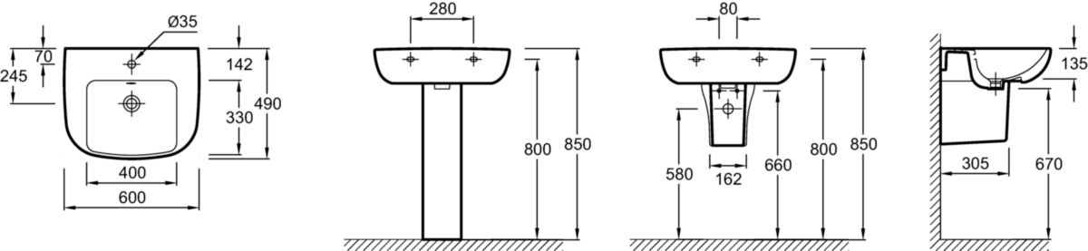 Lavabo ODEON UP 60 x 49 cm, percé 1 trou, avec cache trop-plein chromé E4061, blanc Réf. E4736-00