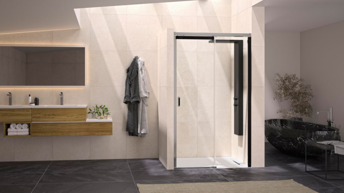 Paroi de douche Flat C porte coulissante pour montage en niche  160cm fixe à droite profilé chromé et poignée intégrée Réf. PA766CTNED