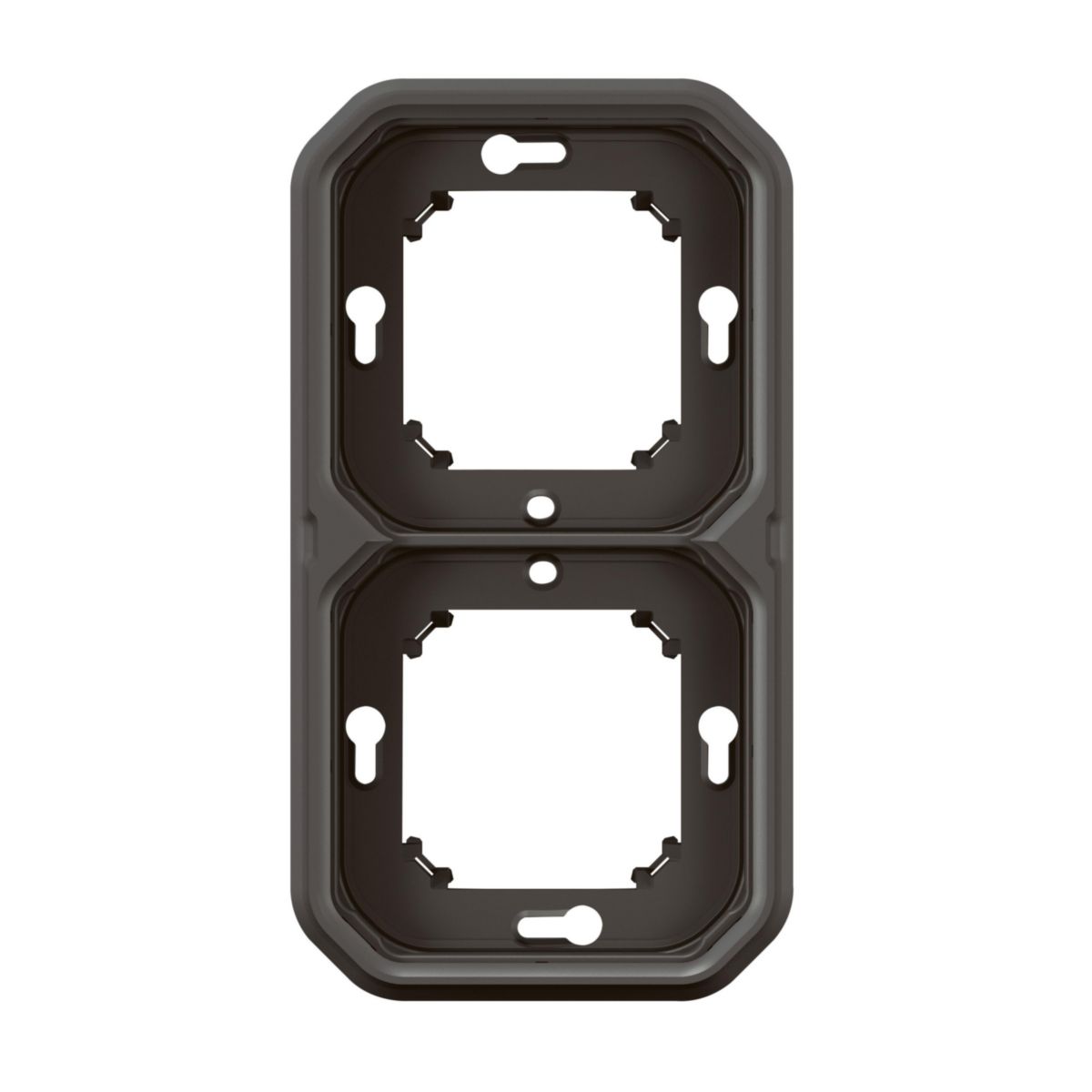 Support plaque étanche pour montage horizontal ou vertical en encastré avec boîte d'encastrement 2 postes de fonctions Plexo - anthracite Réf. 069607L