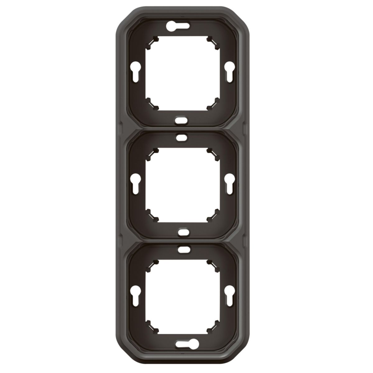 Support plaque étanche pour montage horizontal ou vertical en encastré avec boîte d'encastrement 3 postes de fonctions Plexo - anthracite Réf. 069608L