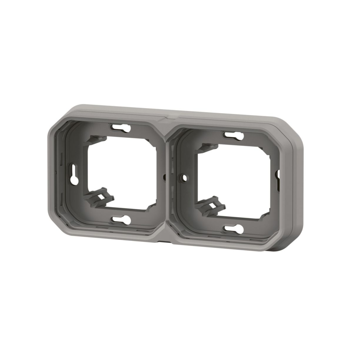 Support plaque étanche pour montage horizontal ou vertical en encastré avec boîte d'encastrement 2 postes de fonctions Plexo - gris Réf. 069683L