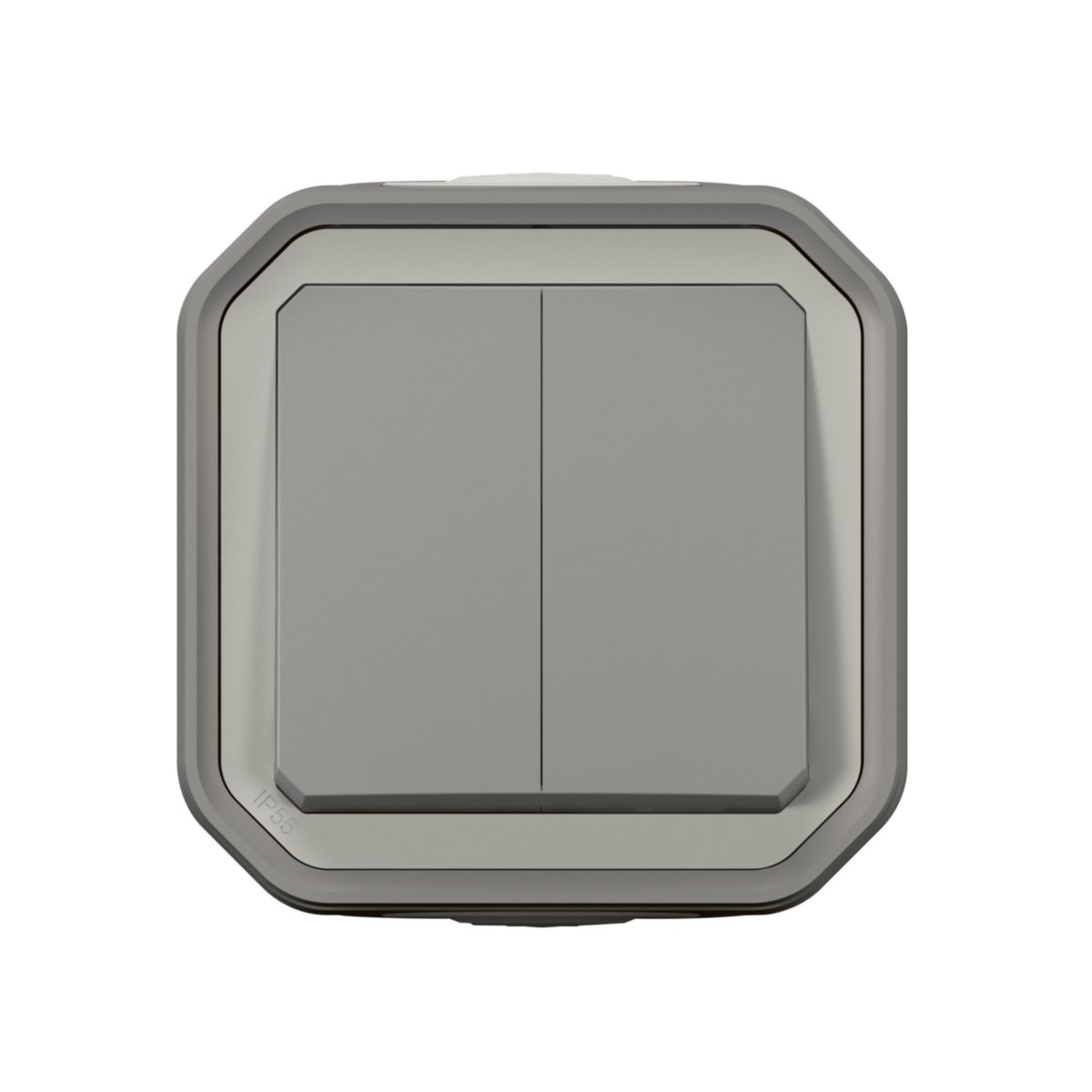 Commande double 3 fonctions : double va-et-vient, double poussoir inverseur ou va-et-vient et poussoir inverseur étanche Plexo IP55 IK08 complète avec boîtier à embouts - gris Réf. 069715L