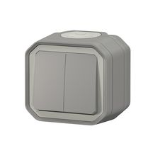 Commande double 3 fonctions : double va-et-vient, double poussoir inverseur ou va-et-vient et poussoir inverseur étanche Plexo IP55 IK08 complète avec boîtier à embouts - gris Réf. 069715L