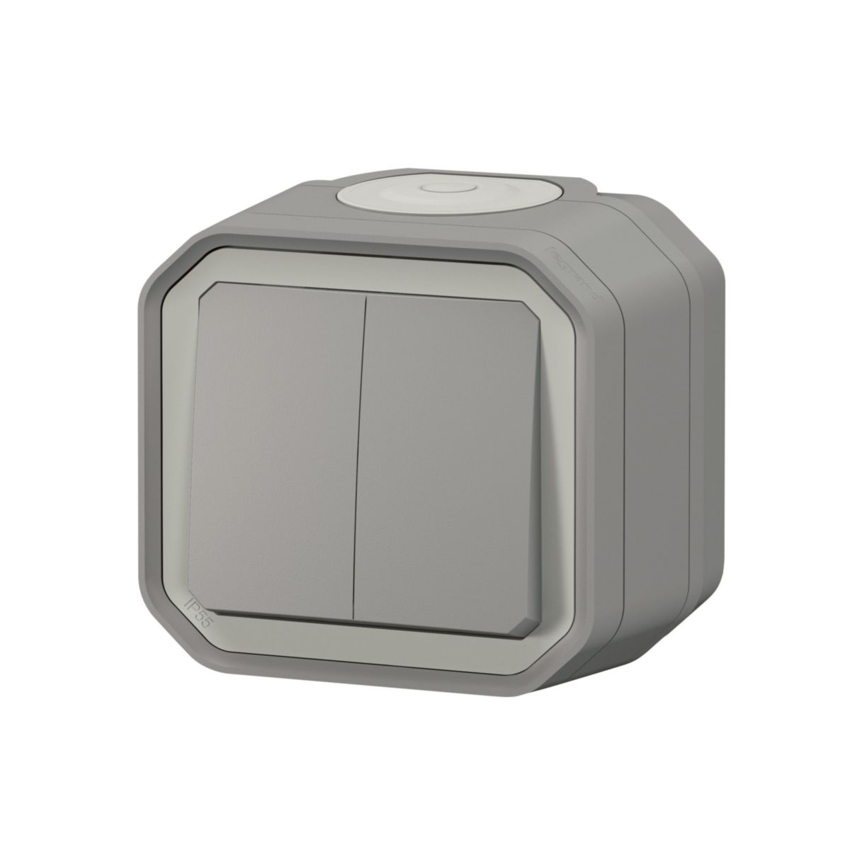 Commande double 3 fonctions : double va-et-vient, double poussoir inverseur ou va-et-vient et poussoir inverseur étanche Plexo IP55 IK08 complète avec boîtier à embouts - gris Réf. 069715L