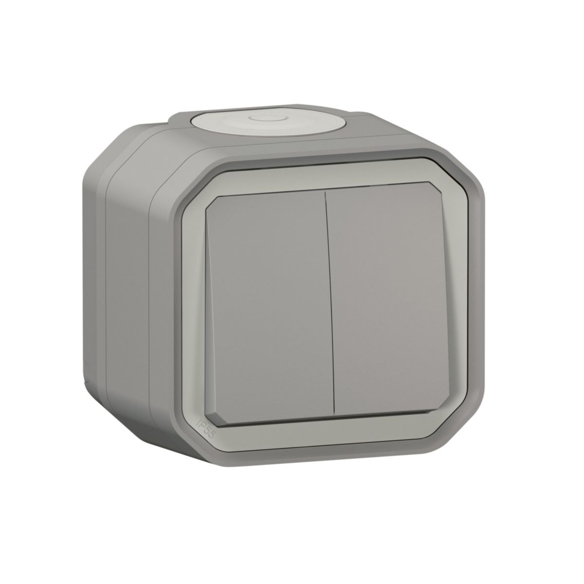 Commande double 3 fonctions : double va-et-vient, double poussoir inverseur ou va-et-vient et poussoir inverseur étanche Plexo IP55 IK08 complète avec boîtier à embouts - gris Réf. 069715L