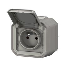 Prise de courant 2P+T étanche Plexo 16 A 250 V IP55 IK08 livrée complète avec boîtier 1 embout 2 sorties pour fixation en saillie - gris Réf. 069731L