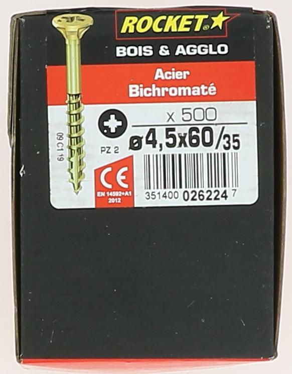 Vis Rocket tête fraisée pozi acier bichromaté 4,5x60/35-boite carton x500