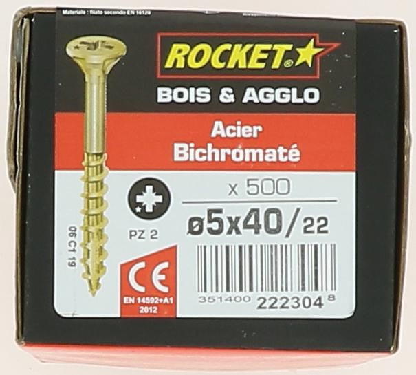 Vis Rocket tête fraisée pozi acier bichromaté 5x40/22-boite carton x500