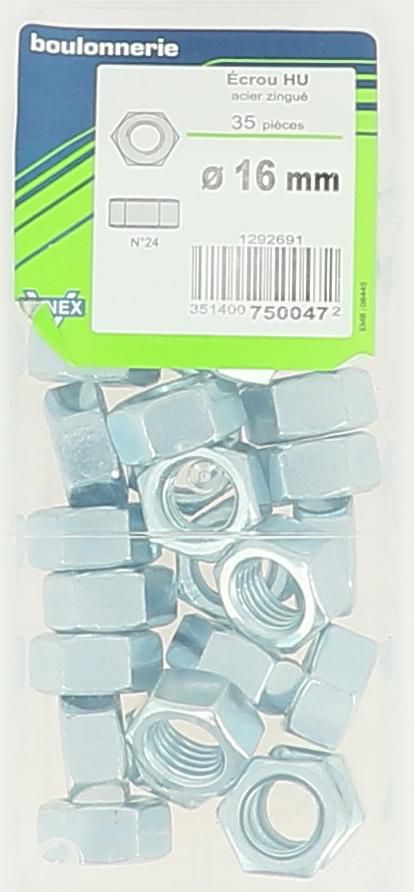 Écrou hexagonal - acier zingué - Ø 16 mm - sachet de 35 pcs