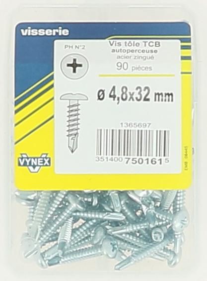 Vis tôle autoperceuse tête cylindrique bombée zingué 4,8x32-vybac x90