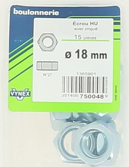 Écrou hexagonal - acier zingué - Ø 18 mm - sachet de 15 pcs