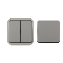 Transformeur réversible 5 fonctions : va-et-vient ou poussoir simple ou double étanche Plexo IP55 IK08 à équiper de support plaque ou boîtier saillie, livré avec enjoliveur finition gris Réf. 069506L