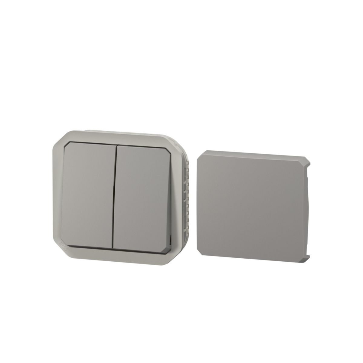 Transformeur réversible 5 fonctions : va-et-vient ou poussoir simple ou double étanche Plexo IP55 IK08 à équiper de support plaque ou boîtier saillie, livré avec enjoliveur finition gris Réf. 069506L