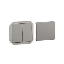 Transformeur réversible 5 fonctions : va-et-vient ou poussoir simple ou double étanche Plexo IP55 IK08 à équiper de support plaque ou boîtier saillie, livré avec enjoliveur finition gris Réf. 069506L