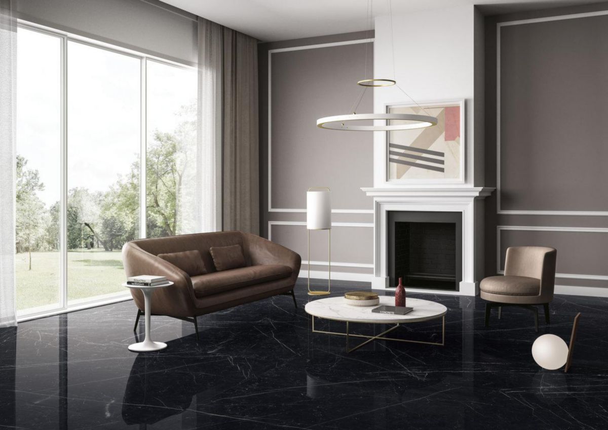 Carrelage effet marbre sol intérieur Marmi Maximum - grès cérame dark marquina maximum lustré - 75x150 cm - ép. 6 mm