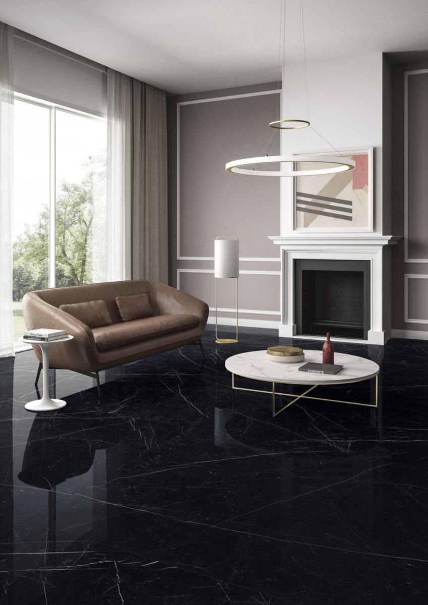 Carrelage effet marbre sol intérieur Marmi Maximum - grès cérame dark marquina maximum lustré - 75x150 cm - ép. 6 mm