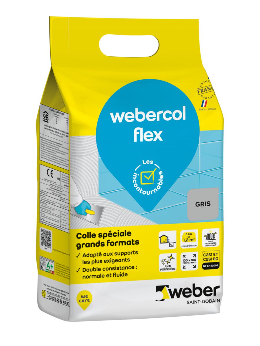 Mortier-colle pour carrelage grand format webercol flex - gris - sac de 5 kg