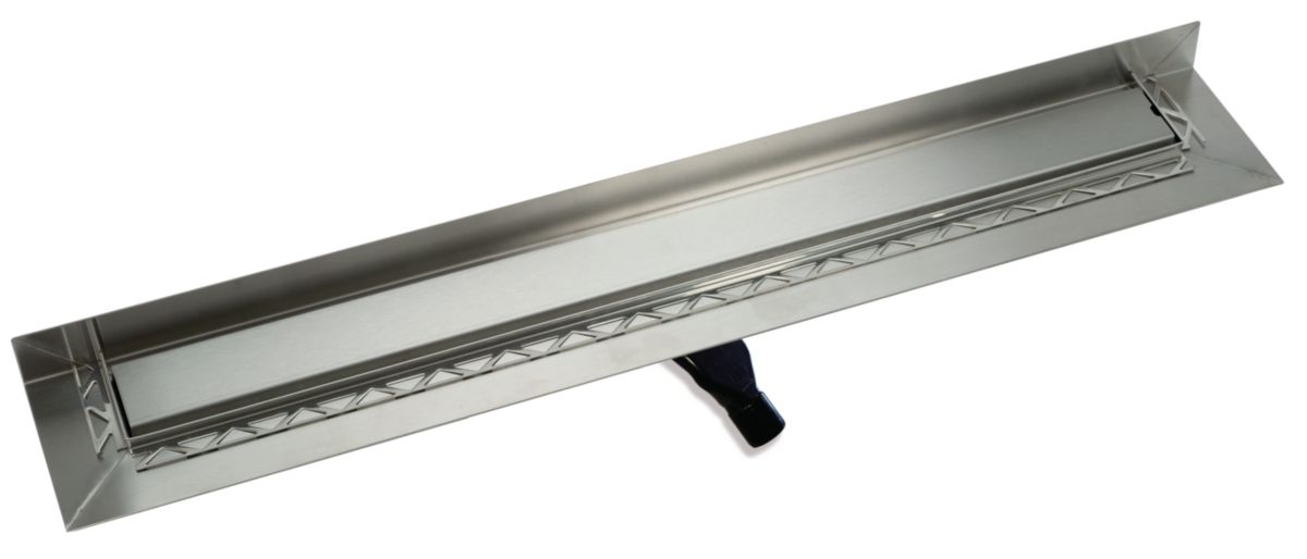 Caniveau douche à l'italienne Ekinox+ KBE070 avec platine d'étanchéité et relevé mur - inox satiné - grille décalée 13 mm - garde d'eau 30 mm - Dn 50 - L. 700 mm