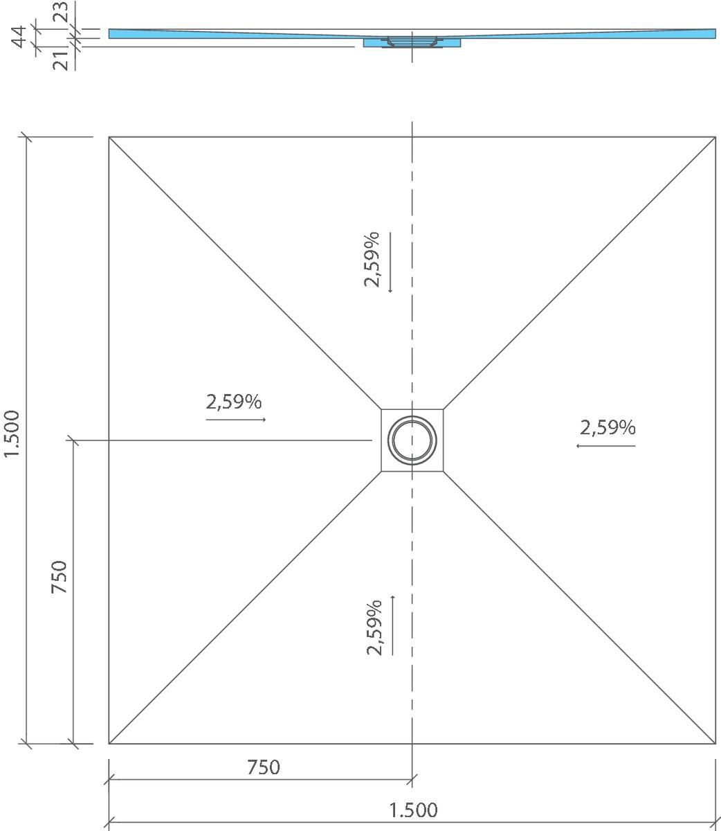 Receveur de douche Fundo Ligno Plus écoulement centré 1500x1500x23mm Réf : 072070018