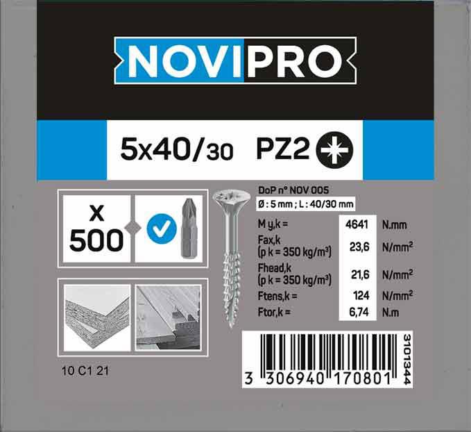 Vis Novipro tête fraisée pozi acier bichromaté 5x40/30-boite carton x500