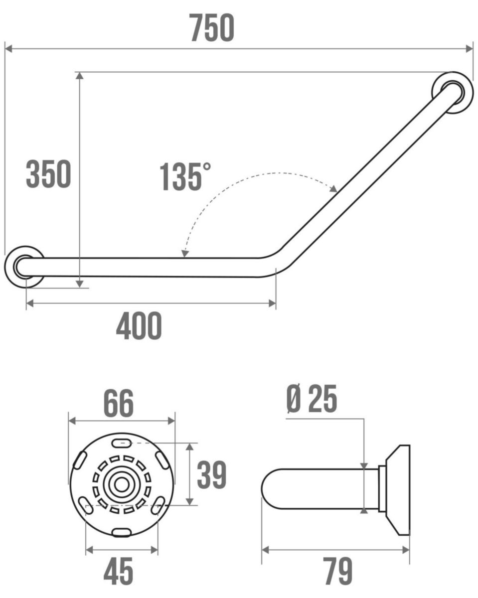 Barre appui coudée 40 x 40 cm avec angle 135° symétrique, tube en laiton D 25 mm, fixations invisibles, nickelé chromé réf. 043533